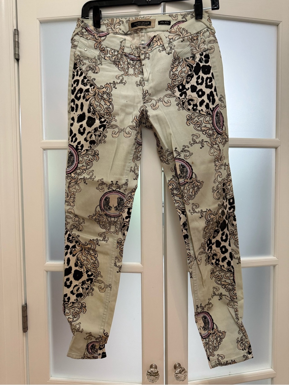River Island Cream Skinny Jeans with Black & Pink Baroque Leopard Print